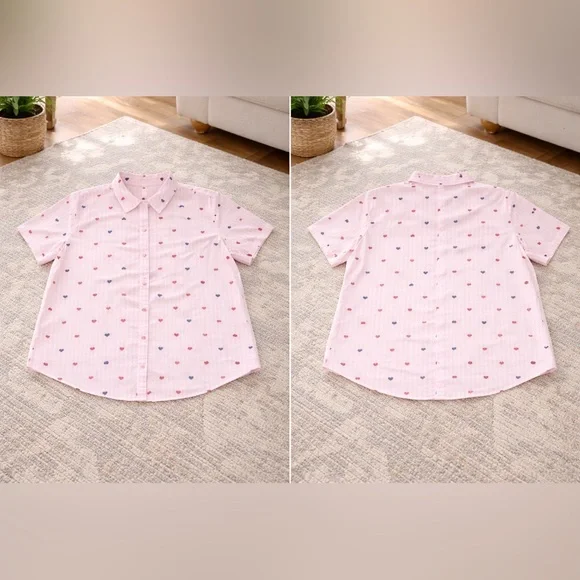 Woman Within Pink Short-Sleeve Button-Down Shirt with Red & Blue Heart Print 3X - Picture 2 of 5